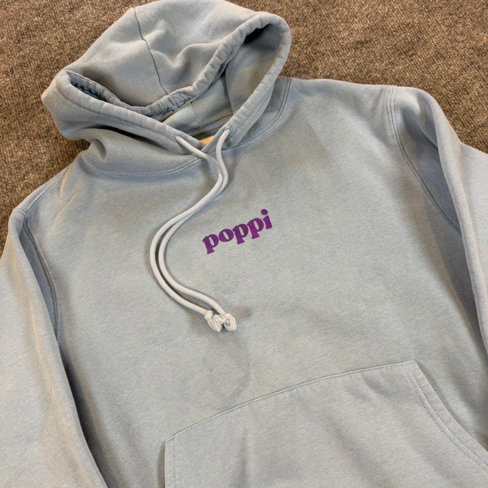 Poppi Soda The Future Served Fresh Graphic Hoodie Light Blue Purple Mens Medium